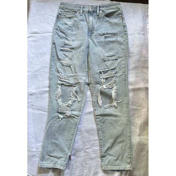 H&M &Denim High Waist Distressed Mom Jeans Light Blue Ripped Knees | Sz 8 Cotton - Picture 2 of 12